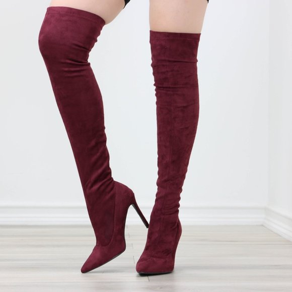 Wine Women's Thigh High Boots Faux Suede Pointed Toe Stilettos - Picture 5 of 15